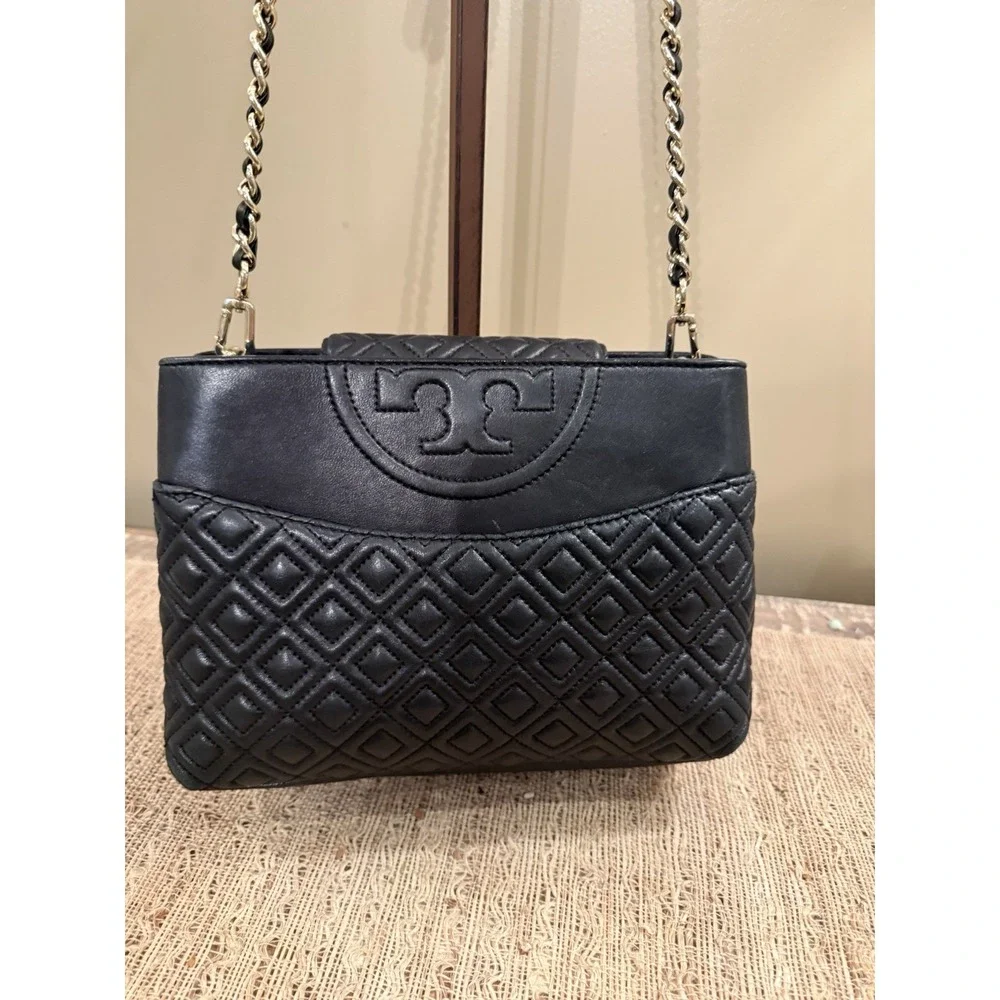 Tory Burch Fleming Quilted Open Crossbody Shoulder Bag Purse Style Black‎